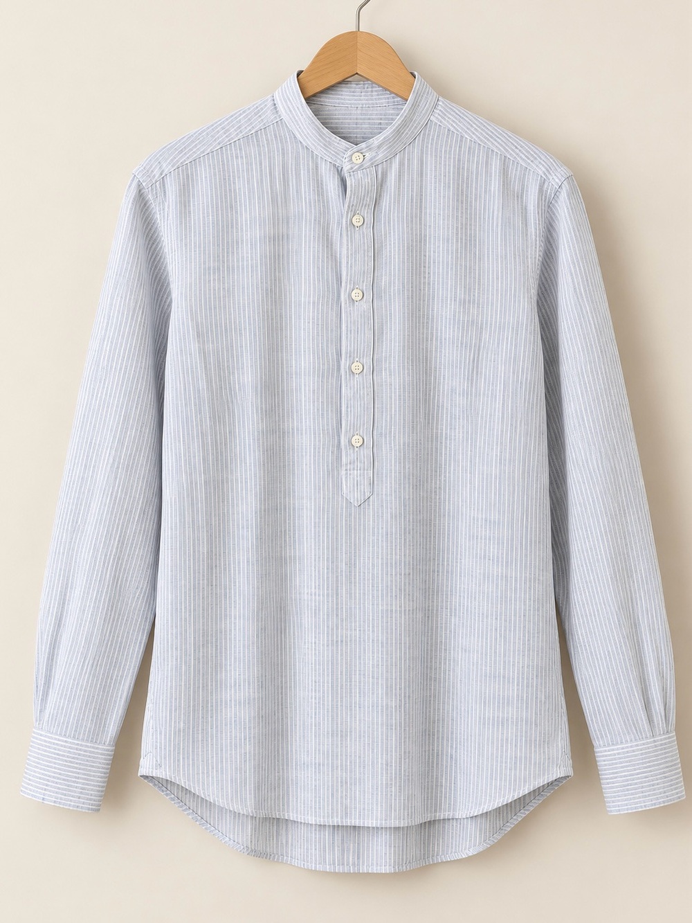 Suitsupply Pure Linen Gray Striped Popover Band Collar Shirt 41/16 Slim Fit
